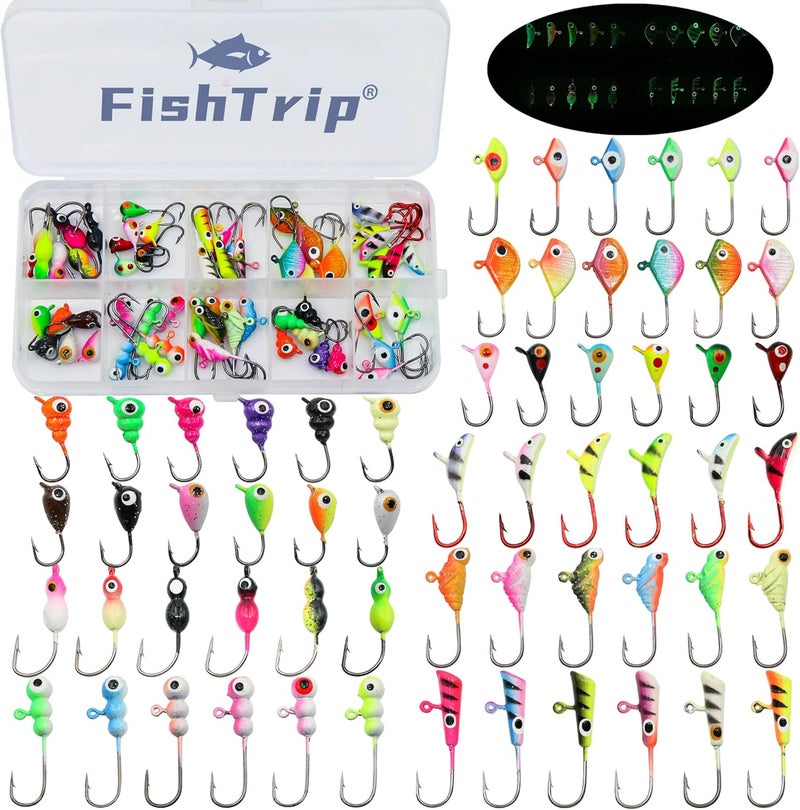 FishTrip Ice Fishing Jigs Kit, 30/60Pcs Glow Ice Fishing Lure Set for Winter Ice Jigging Crappie Sunfish Perch Panfish Walleye Pike Jigs, Ice Fishing Gear with Storage Box - Image 1